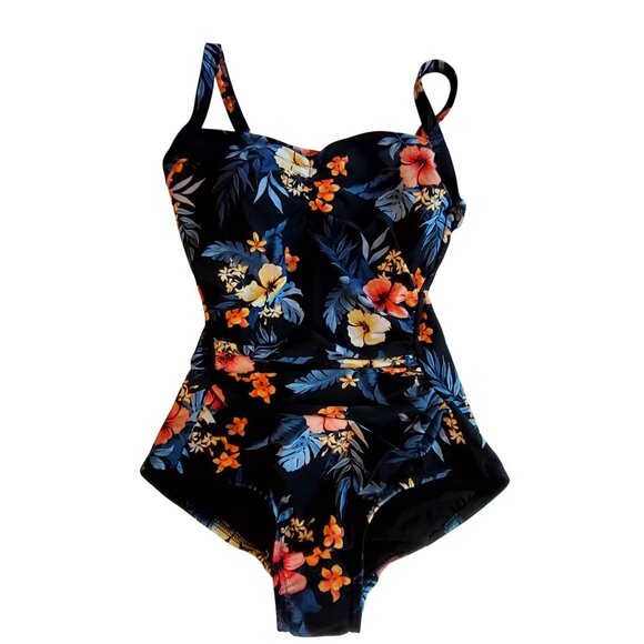 Lands End Floral One-Piece Swimsuit Size X Small Black Multicolor Nylon Spandex - Picture 1 of 8